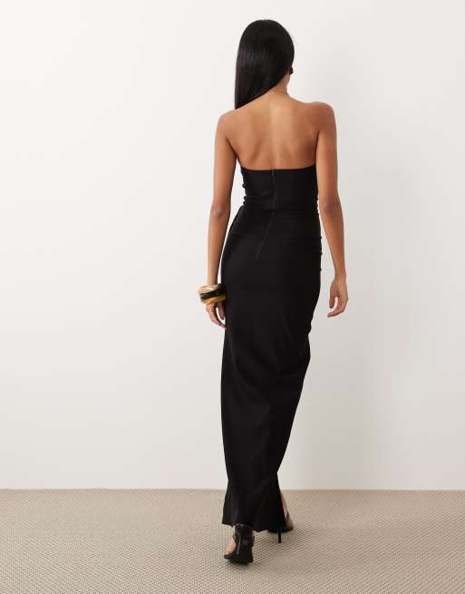 Vesper – Trägerloses Bengaline-Maxikleid in Schwarz mit Herzausschnitt und hohem Schlitz, 4 von 4