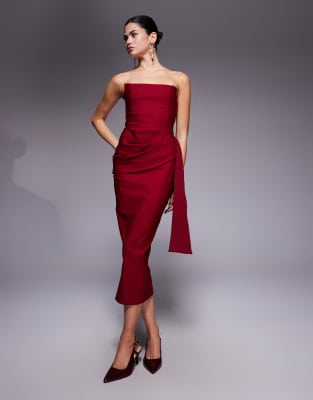 Vesper - Trägerloses Bengaline-Midikleid in Weinrot mit eckigem Ausschnitt und drapierter Vorderseite