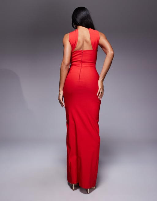 Vesper – Trägerloses Maxikleid aus Bengaline in Rot mit Choker-Ausschnittdetail und Seitenschlitz, 4 von 4