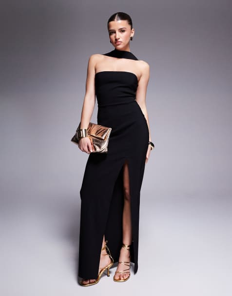 Vesper – Trägerloses Maxikleid aus Bengaline in Schwarz mit Choker-Ausschnittdetail und Seitenschlitz - view 1
