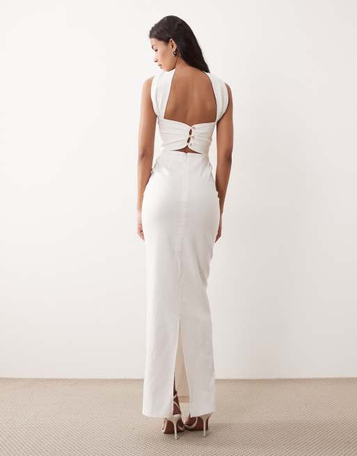 Vesper – Trägerloses Maxikleid aus Bengaline in Weiß mit Choker-Design und geknöpftem Rückendetail, 4 von 4