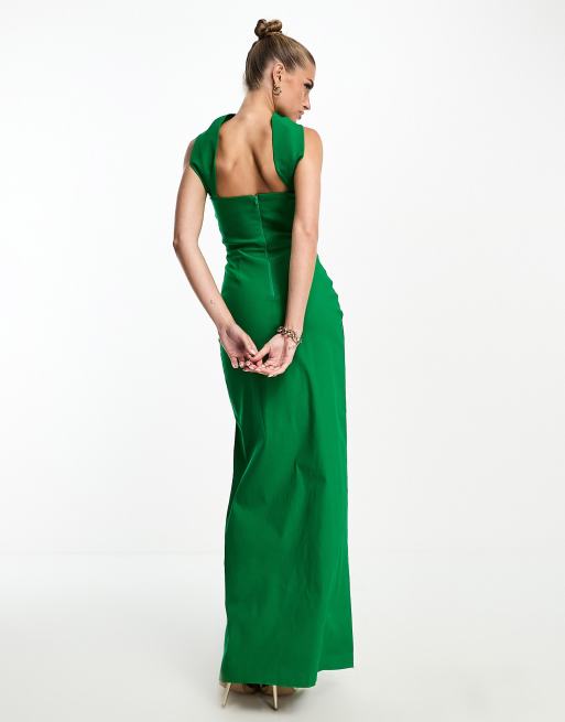 Vesper – Trägerloses Maxikleid in Grün mit Halsband-Detail und sehr hohem Schlitz, 3 von 4