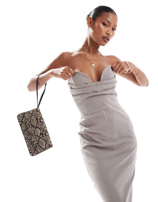 Vesper – Trägerloses, wadenlanges Bodycon-Kleid aus Bengaline in Taupe mit herzförmigem Ausschnitt