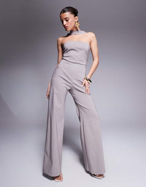 Vesper - Tuta jumpsuit a fascia in bengalina color tortora con collarino - view 1