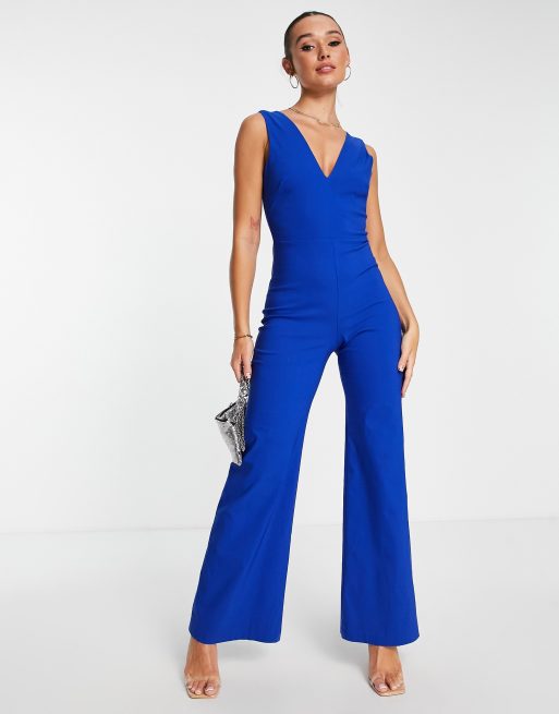 Vesper - Tuta jumpsuit in bengalina blu cobalto con fondo ampio e scollo profondo sul davanti