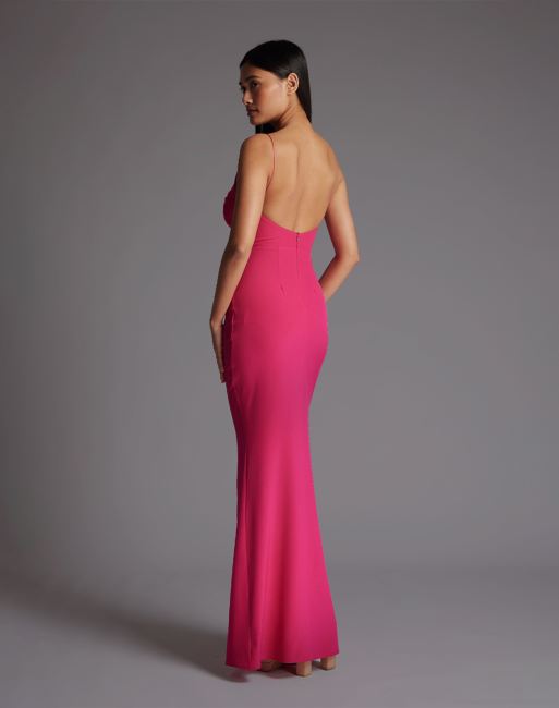 Vesper Twist front low back fishtail maxi dress in cerise, 4 of 4