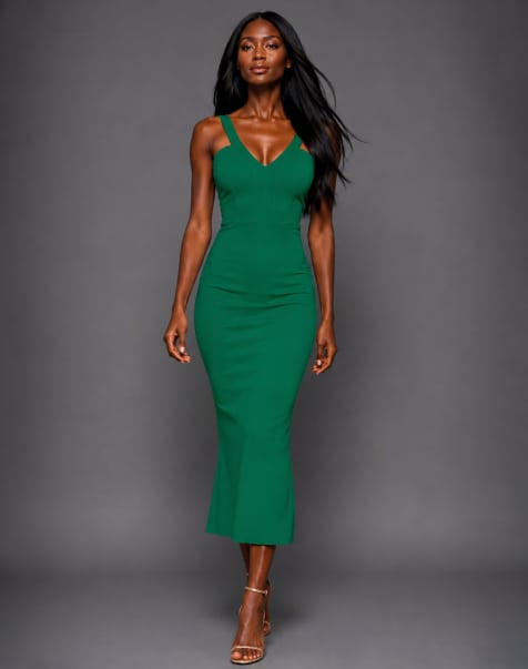 Vesper V neck bodycon midaxi dress in emerald - view 1