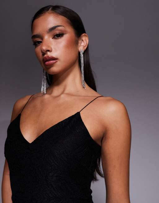 Vesper V-neck lace cami strap midi dress in black, 2 of 4