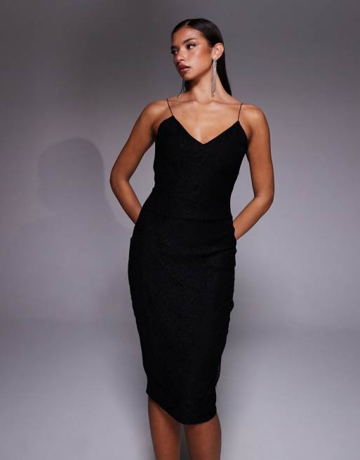 Vesper V-neck lace cami strap midi dress in black, 3 of 4