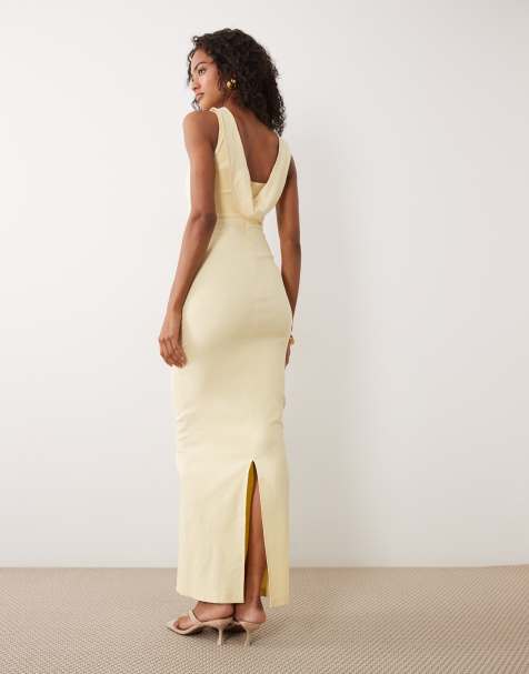 Vesper - Vestido largo amarillo con cuello subido y espalda desbocada de bengalina - view 1