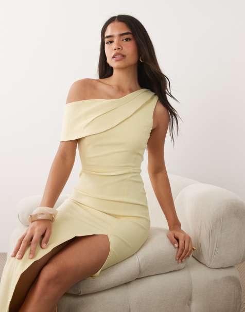 Vesper - Vestido largo amarillo limón con hombro caído y detalle drapeado - view 1