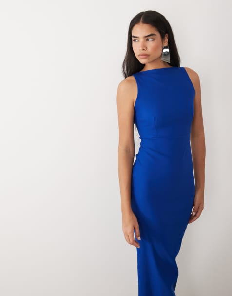 Vesper - Vestido largo azul cobalto con cuello alto y espalda abierta de bengalina - view 1