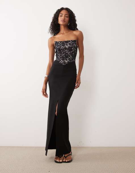 Vesper - Vestido largo negro con escote palabra de honor y ribetes cuadrados de bengalina - view 1