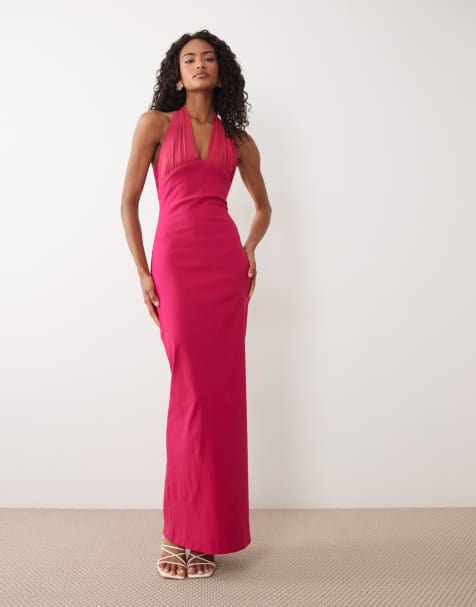 Vesper - Vestido largo rosa con cuello ancho halter de bengalina - view 1