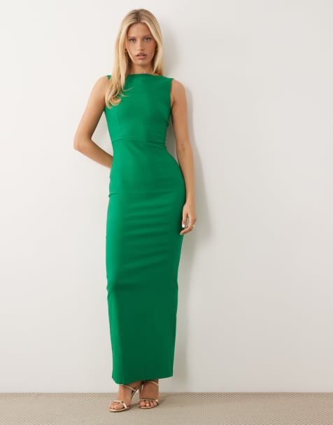 Vesper - Vestido largo verde esmeralda con cuello subido y espalda desbocada de bengalina - view 1