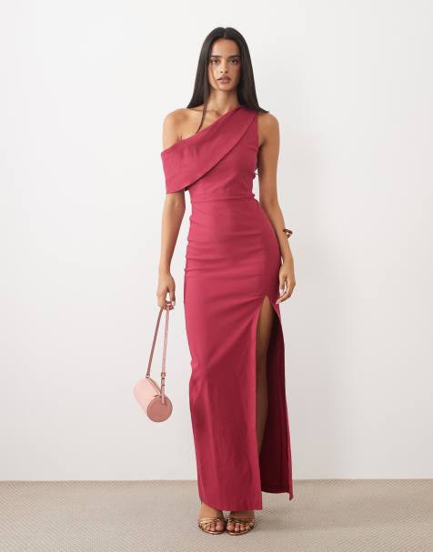 Vesper - vestido maxi de bengalina con drapeado y hombros descubiertos en frambuesa - view 1