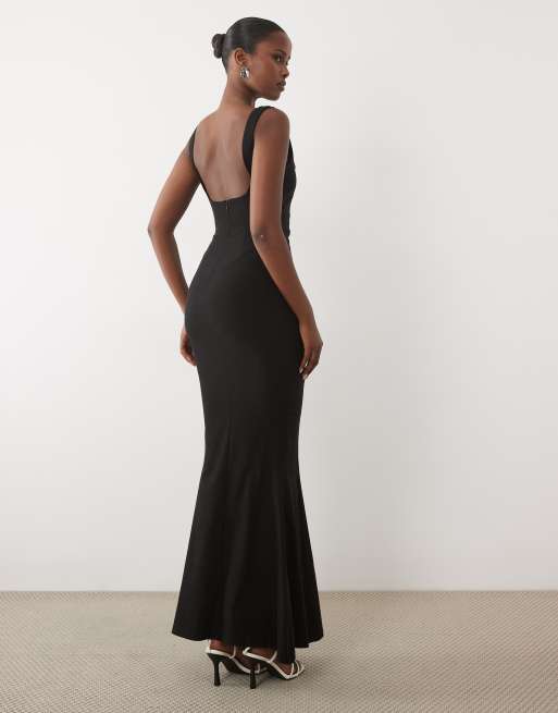 Vesper - vestido maxi negro de bengalina con cuello cuadrado y bajo evasé, 4 de 4