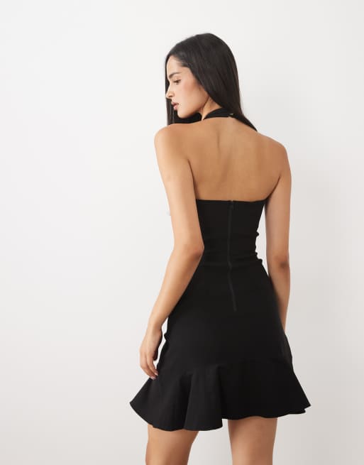 Vesper - vestido mini negro de bengalina con cuello halter, escote redondo y volante, 4 de 4