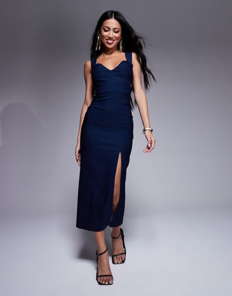 Vesper - Vestito al polpaccio in bengalina blu navy con cut-out e spacco frontale - view 1