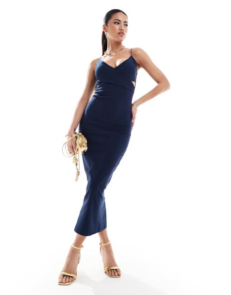 Vesper - Vestito al polpaccio in bengalina blu navy con cut-out, scollo profondo e spalline sottili - view 1