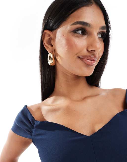 Vesper - Vestito al polpaccio in bengalina blu navy con scollo alla Bardot a cuore e zip sul retro, 3 di 4