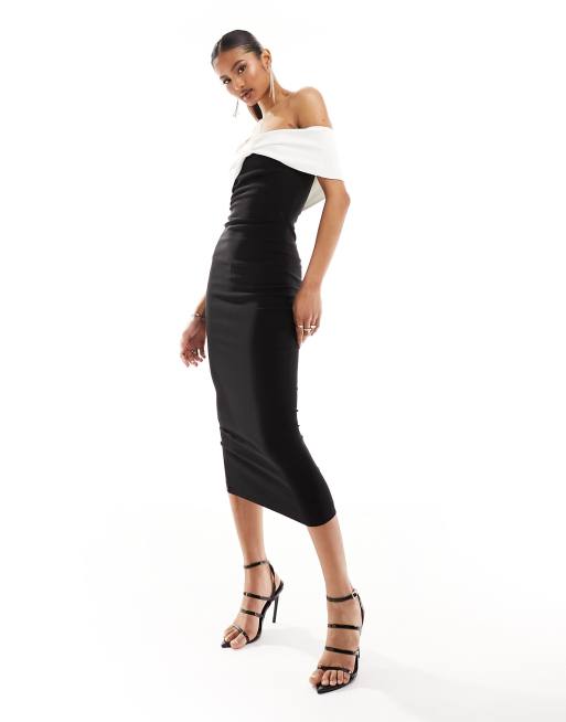 Vesper - Vestito con gonna al polpaccio e scollo Bardot nero con dettaglio con fiocco bianco a contrasto