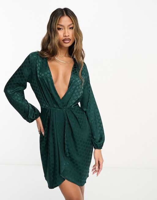 Vesper - Vestito corto a maniche lunghe in raso verde scuro