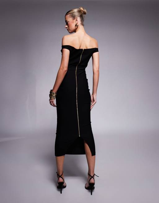 Vesper - Vestito in bengalina nero con scollo a cuore e gonna al polpaccio, 4 di 4