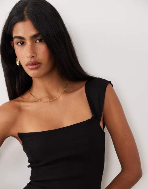 Vesper - Vestito lungo a fascia in bengalina nero con spalle scivolate e spacco laterale, 2 di 4