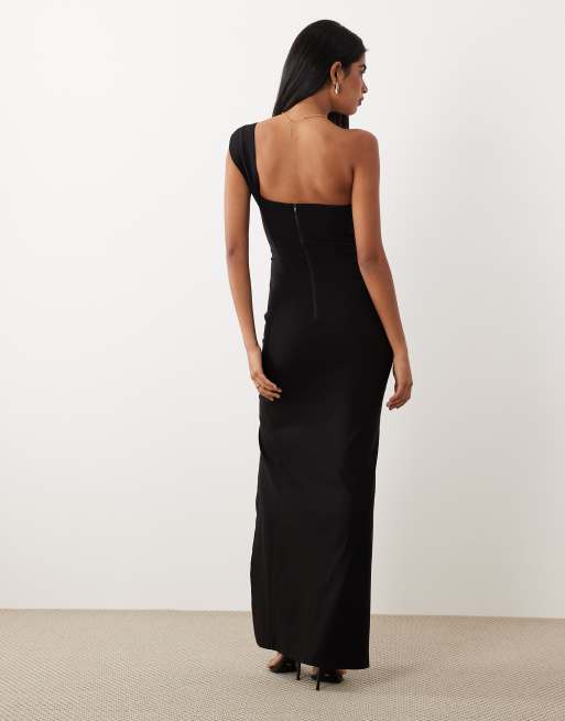 Vesper - Vestito lungo a fascia in bengalina nero con spalle scivolate e spacco laterale, 4 di 4