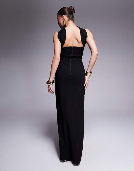 Vesper - Vestito lungo a fascia nero in bengalina con collarino e spacco laterale, 2 di 4