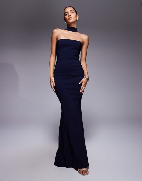 Vesper - Vestito lungo a sirena in bengalina blu navy con collarino - view 1