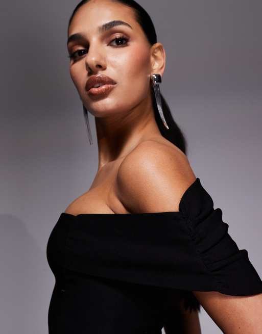 Vesper - Vestito lungo aderente in bengalina nero con spacco sulla coscia e scollo Bardot, 3 di 4