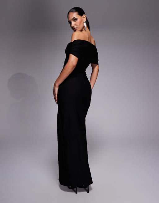 Vesper - Vestito lungo aderente in bengalina nero con spacco sulla coscia e scollo Bardot, 4 di 4
