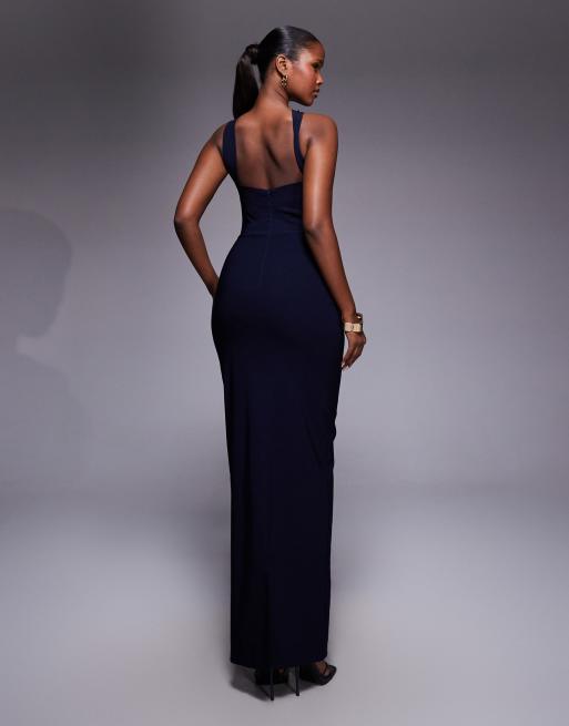 Vesper - Vestito lungo allacciato al collo in bengalina blu navy con apertura a goccia, 4 di 4
