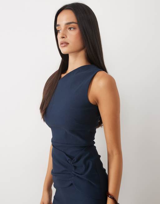 Vesper vestito lungo asimmetrico con spalle scoperte e arricciatura sul davanti in navy, 2 di 4