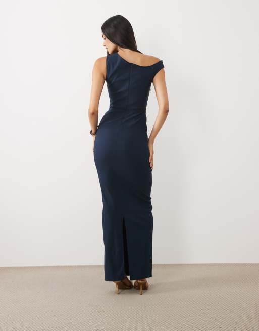 Vesper vestito lungo asimmetrico con spalle scoperte e arricciatura sul davanti in navy, 4 di 4