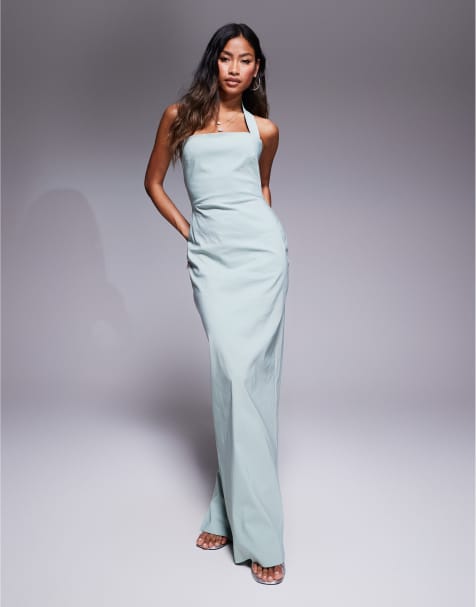 Vesper - Vestito lungo fasciante in bengalina verde salvia con spalline allacciate al collo - view 1