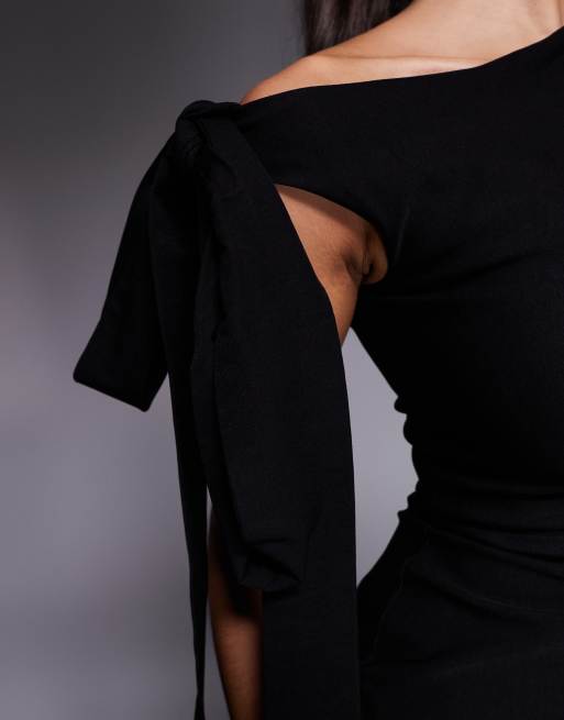 Vesper - Vestito lungo in bengalina nero con dettaglio drappeggiato e spalla scoperta, 4 di 4