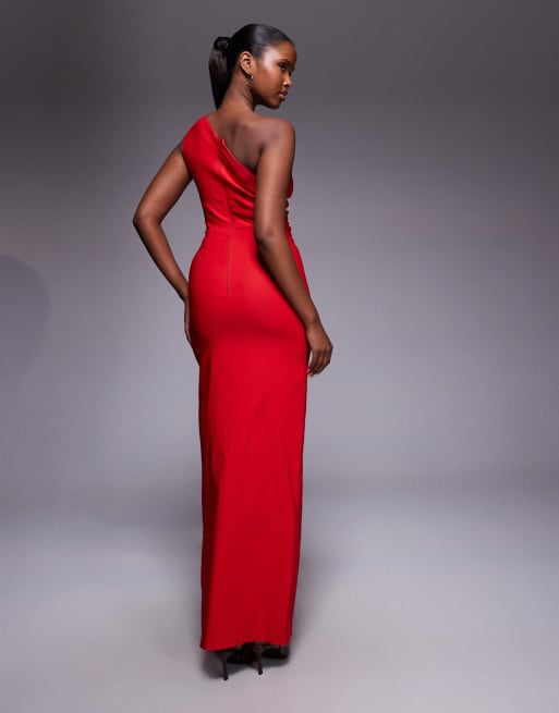 Vesper - Vestito lungo in bengalina rosso con cut-out sul davanti e spacco sulla coscia, 2 di 4