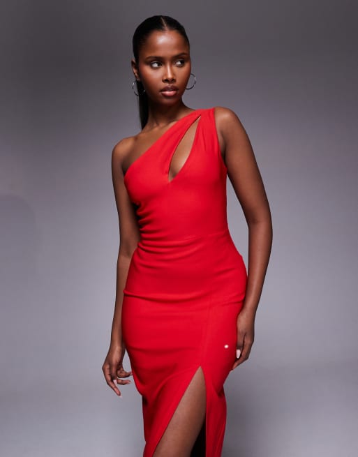 Vesper - Vestito lungo in bengalina rosso con cut-out sul davanti e spacco sulla coscia, 3 di 4