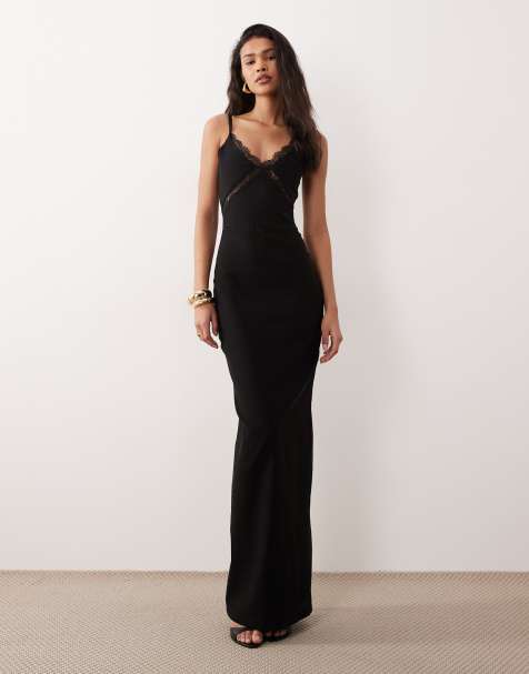 Vesper - Vestito lungo nero con spalline sottili in bengalina e finiture in pizzo - view 1