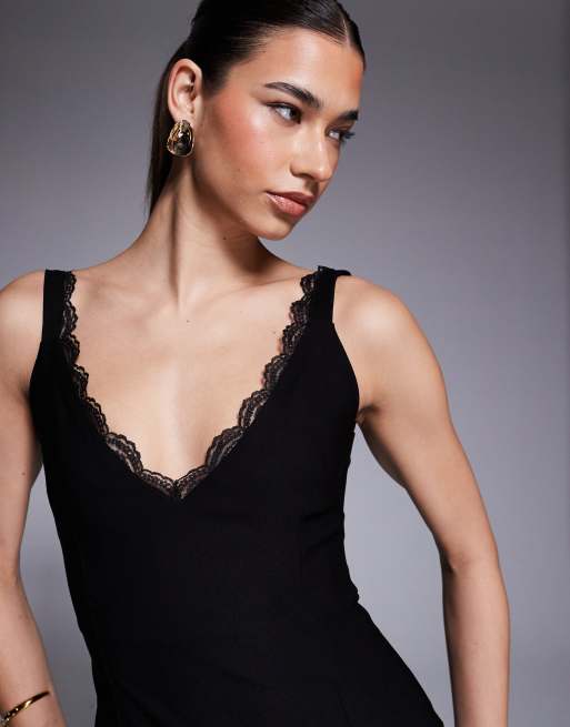 Vesper - Vestito lungo nero in bengalina con scollo a V e spalline con finiture in pizzo, 2 di 4