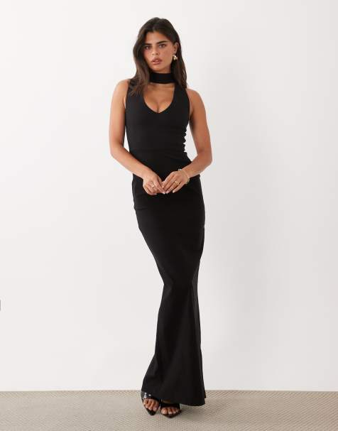 Vesper vestito maxi in bengalina con scollo a barchetta e dettaglio collo alto nero - BLACK - view 1