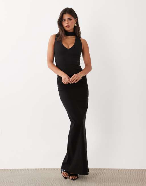 Vesper vestito maxi in bengalina con scollo a barchetta e dettaglio collo alto nero - BLACK