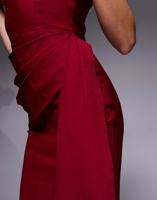 Vesper - Vestito midi a fascia in bengalina rosso vino con scollo squadrato e drappeggio frontale, 2 di 4