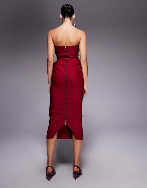 Vesper - Vestito midi a fascia in bengalina rosso vino con scollo squadrato e drappeggio frontale, 4 di 4