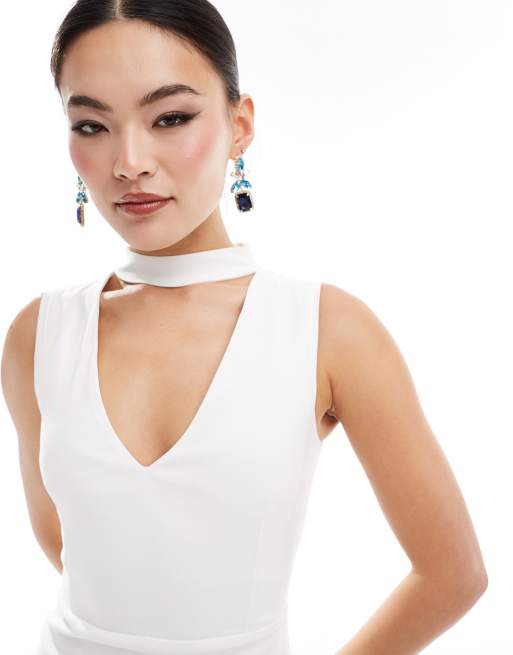 Vesper - Vestito midi bianco in bengalina con scollo profondo e collarino, 2 di 4