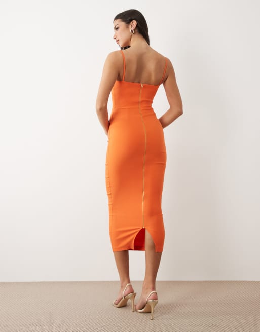 Vesper - Vestito midi con spalline sottili in bengalina arancione, 2 di 4