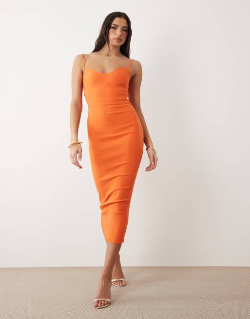 Vesper - Vestito midi con spalline sottili in bengalina arancione, 4 di 4
